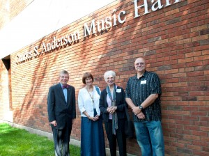 Paul Pribbenow, Kristen Anderson, and two guests stand outside of the music hall