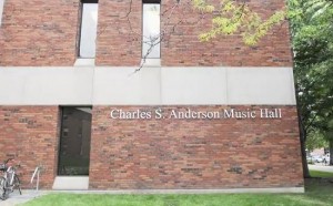 Exterior of music building bearing the words "Charles S. Anderson Music Hall"