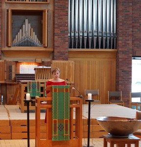 Allison Zank delivers homily in Hoversten Chapel