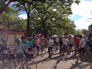 A group of cyclists with their bikes