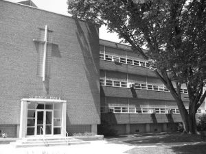 Black and white photo of Old Science Hall.