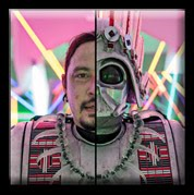 Rory Wakemup. He is wearing his own creations. The photo is split down the middle, on one side we see half of Wakemup's face, and on the other we see a metallic Darth Vader mask adorned with Native American-inspired details