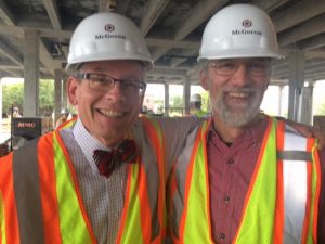 President Paul Pribbenow and Associate Professor Stu Anderson tour the Hagfors Center with the project leadership team, September 2016.