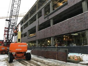 Close up view of the exterior brick cladding of the Hagfors Center