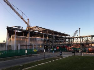 The skyway structure between the Hagfors Center and Lindell Library is installed