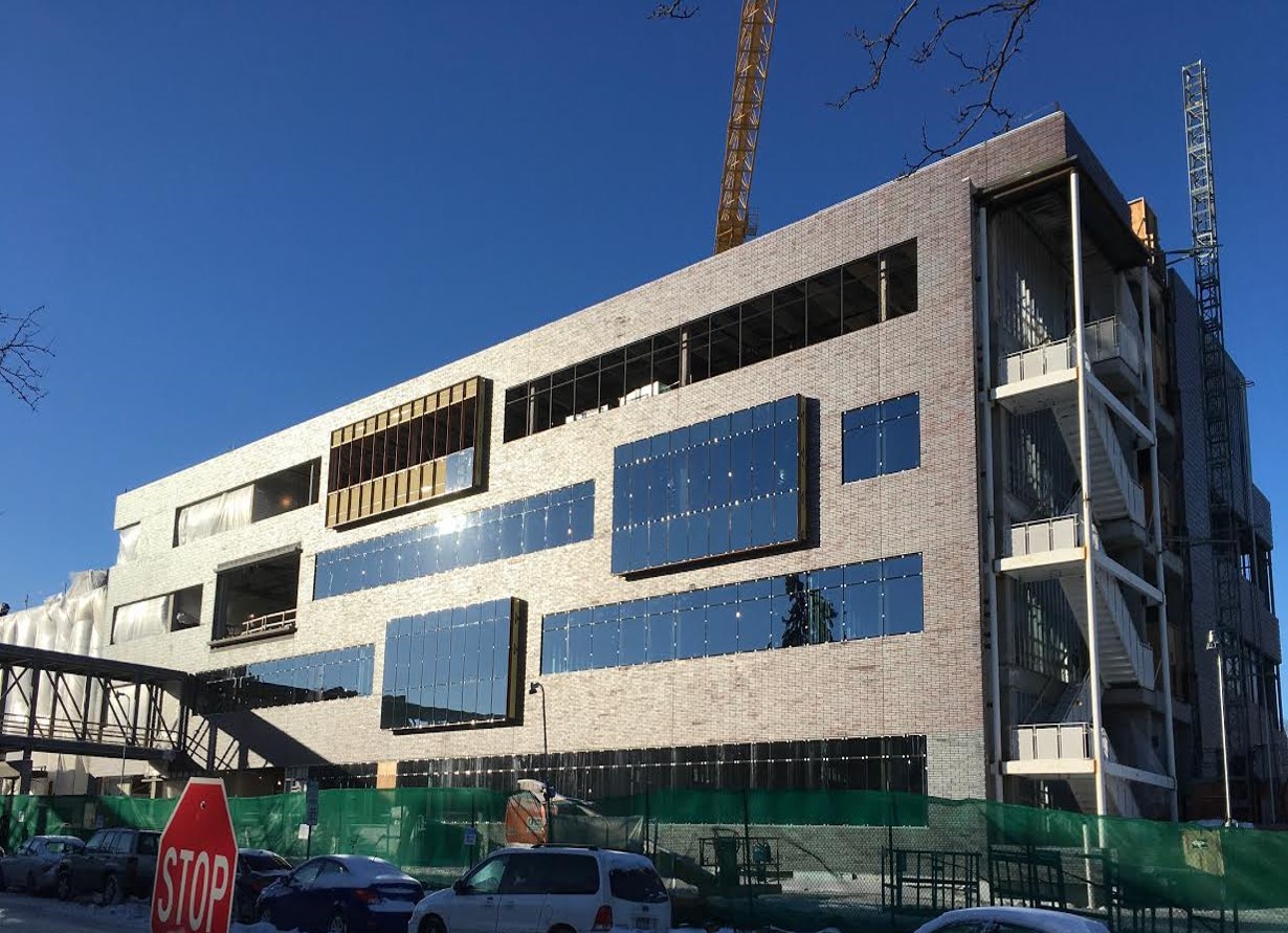 With the installation of the precast exterior, window frames and glass, the east face of the Hagfors Center is looking much like the finished building will look.