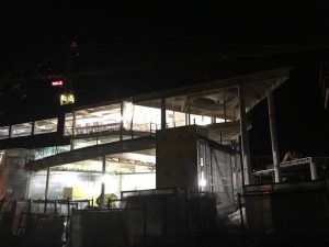 The exterior of the flexible classroom space, pre-dawn.