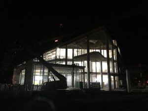 An external view of the Hagfors Center lobby area, pre-dawn