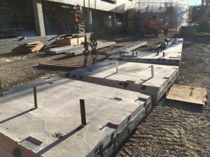 Sections of precast exterior brick are ready for installation.