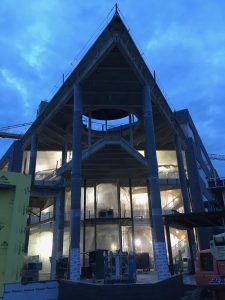 The main entrance to the Hagfors Center in the early dawn light.