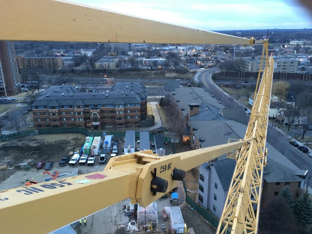 A view from the apex of the tower crane during its final week on the Hagfors Center construction site