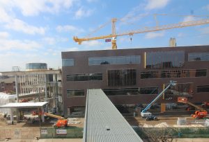 Installation of the framing for the lobby has begun on the south side of the building.