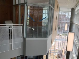 Exterior view of the suspended chapel in the Hagfors Center lobby