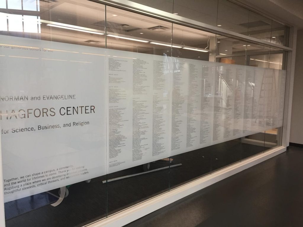 Text of donor names etched in window