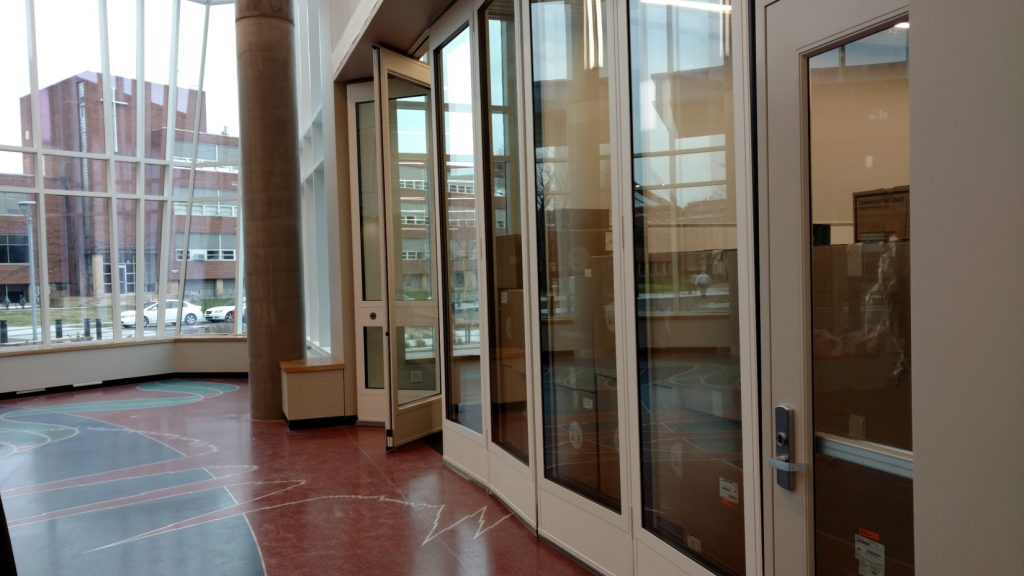 Doors closed along main wall of flexible classroom