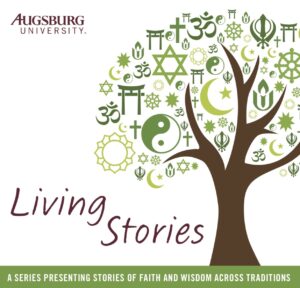 A poster with a tree, religious symbols, and the text "Living Stories"