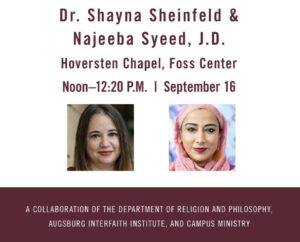 A poster with photos of Doctor Sheinfeld and Professor Syeed, promoting the event at noon on September 16