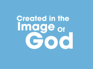 Text: "Created in the Image of God" in white letters on a sky blue background