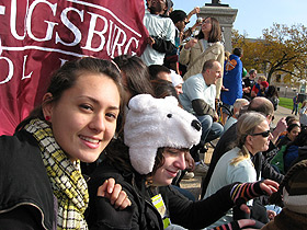 Tayo Johnson, a student in the Integrated Term, "Fate of the Earth 101," with other Augsburg students at the State Capitol, during the 350 Day of Action.