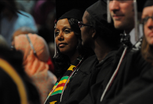 Janice Gladden '14, left, graduated with honors in communications.