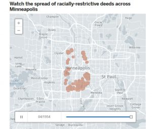 Map of Minneapolis with color coding for regions with discriminatory residential policies