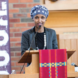 Keynote speaker and debate judge Ilhan Omar encourages Somali Debate Initiative guests to pursue college degrees.