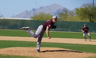 Jordan Brandt ’17 throws a pitch on the baseball team’s 2016 spring break trip to Arizona. The team raised more than $17,000 on Give to the Max Day 2015. 