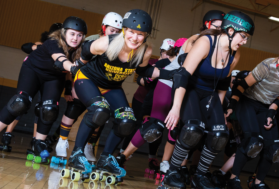 Devoney Looser skating with her roller derby club team at Arizona State University