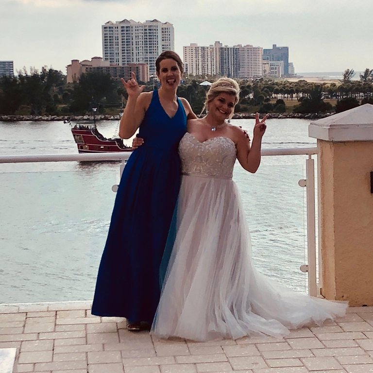 Jill on her wedding day with bridesmaid Jeni.