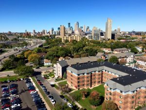 A photo of the Minneapolis skyline from an Augsburg dorm.