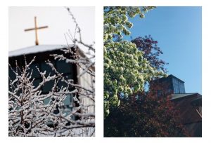 Two photo side by side to show the difference of Foss Chapel in the winter versus in early summer