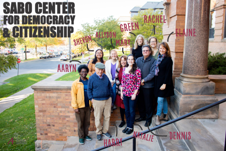 Sabo Center Staff Photo with text identifying the names of each person and "Sabo Center for Democracy and Citizenship" in the top left corner.