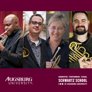 "Collage of four people holding brass instruments with Augsburg University and Schwartz School logos below."