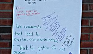 Most of the handwriting on this list of paper is not readable but the words, "rights for women" and "abolish the death penalty" is readable.