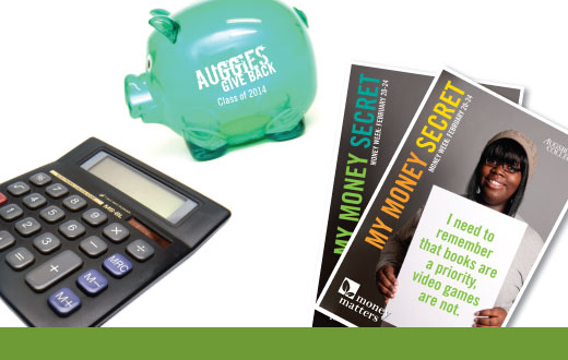 Calculator, piggy bank, and money matters posters