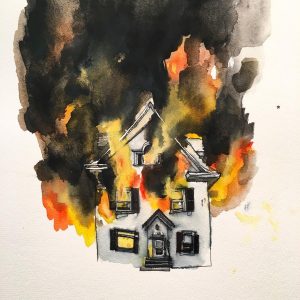 Painting of house burning