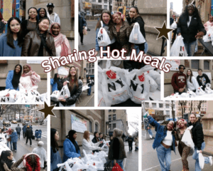 A collage of pictures with students posing for the camera as they stand outside a New York City church and pass out bags of individual hot meals to people from the community.