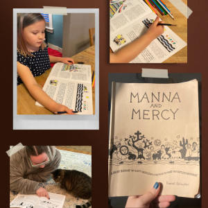 collage of people reading and coloring Manna and Mercy