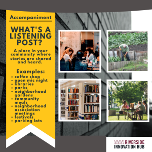 infographic describing a listening post as a place where stories are shared and heard, including photos of a cafe, a garden, a park, and a library