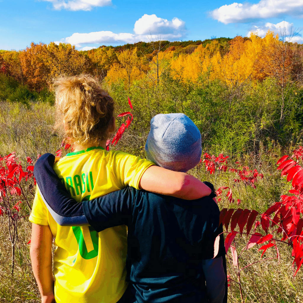 Two children with their arms around each other staring out toward the forest full of fall colors of yellow, green and orange. The sun is out and they are surrounded with red leaves from plants. 