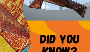 Artistic orange background with yellow shapes . Glass sculpture of a cross hanging from the ceiling of Gundale Chapel. Close up patterns of a glass sculpture. Text that reads: "Did you know?" above graphic icon of a chapel.