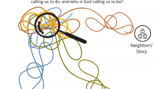 a jumble of threads with 3 distinct threads slightly apart and untangled from the ball, one is neighbor's story, one is God's story, and the third is our story. there is a magnifying glass over the jumble of threads