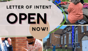 A group gathering outside, a group talking inside and an art labyrinth outside with a pole that says welcome. "Letter of Intent Open Now!" Riverside innovation hub