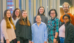 LT to RT: Sarah Runck, Adrienne Kuchler Eldridge (director), Bella Wizik, Ella Sutherland, Hannah Sackett (chaplain), Carson Vincent, Jasmyn Kendall, John Schwehn (chaplain). Not pictured: Grace Harrison (coordinator).