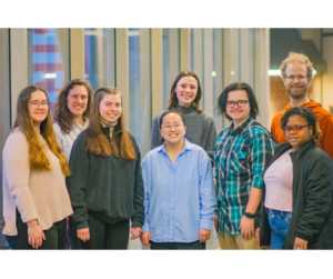 LT to RT: Sarah Runck, Adrienne Kuchler Eldridge (director), Bella Wizik, Ella Sutherland, Hannah Sackett (chaplain), Carson Vincent, Jasmyn Kendall, John Schwehn (chaplain). Not pictured: Grace Harrison (coordinator).