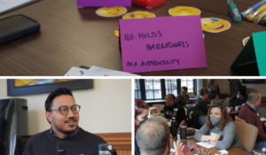 Two values listed on purple papers. Curiosity and No hold barredness (authenticity). Headshot of Amar speaking into the mic. Lower right image is a group at a table chatting.