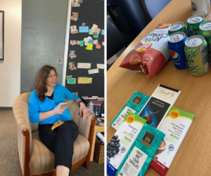 A photo of Adrienne smiling while sitting in a chair on the left side. On the right, cans of pop, chocolate bars and kettle BBQ chips in celebration of Adrienne's birthday.
