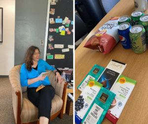 A photo of Adrienne smiling while sitting in a chair on the left side. On the right, cans of pop, chocolate bars and kettle BBQ chips in celebration of Adrienne's birthday. 