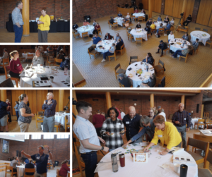 Collage of photos of participants from launch event chatting with each other, at their tables, in conversation with each other. 