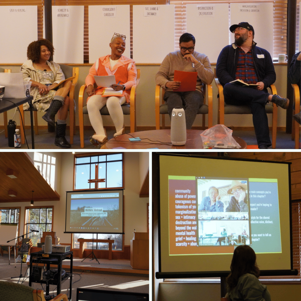 The top photo is 4 authors smiling at each other while one is sharing out loud. The bottom right is our online author team. The bottom left is the tech set up with the meeting owl, projector and screen that says "writers retreat #2"
